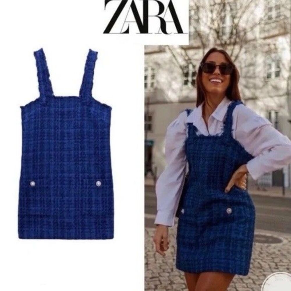Zara Blue Dress Sz M Houndstooth Tweed Pinafore Mini BLOGGERS Textured Cotton